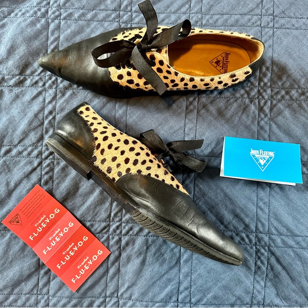 John Fluevog Notion Womens Two Tone Loafers 10.5, Cheetah printed bovine leather
